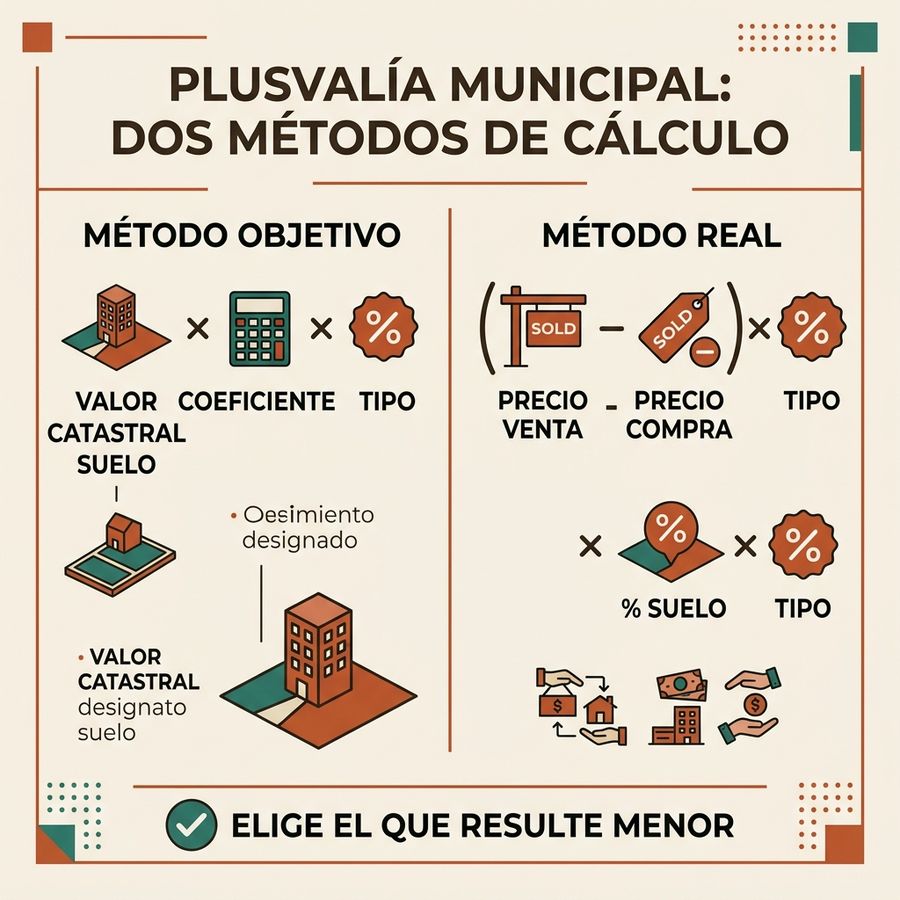 Infografía: Dos métodos de cálculo de la plusvalía municipal (Objetivo vs. Real)