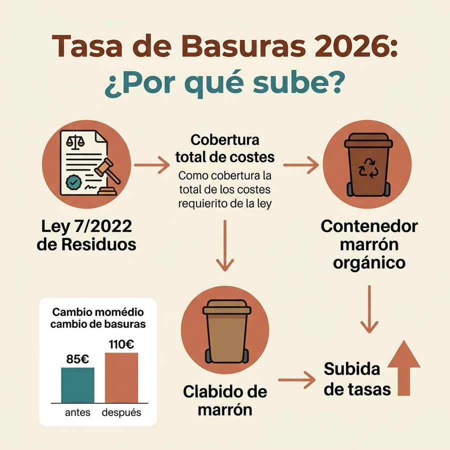 Infografía: Por qué sube la tasa de basuras en 2026 (Ley 7/2022 de Residuos)